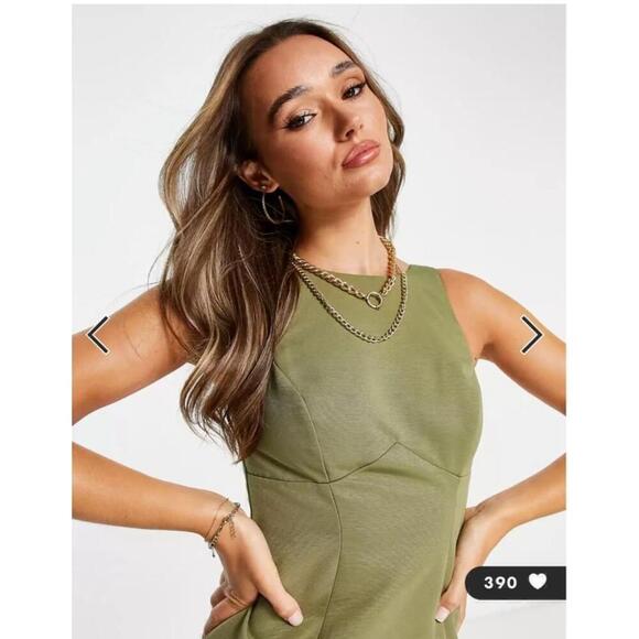 ASOS DESIGN Khaki Green Racer Neck Structured Mini Dress w/ Seam Detail - Picture 6 of 9